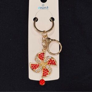 BAG CHARM Mint Red and Clear Sparkling Gold Pinwheel Dangle Crystal Keychain